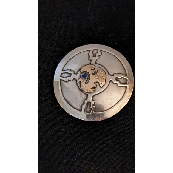 Vintage Peru 2" Round 925 Sterling 18K Gold Turquoise Inca Bird Brooch/Pendant - Picture 6 of 6